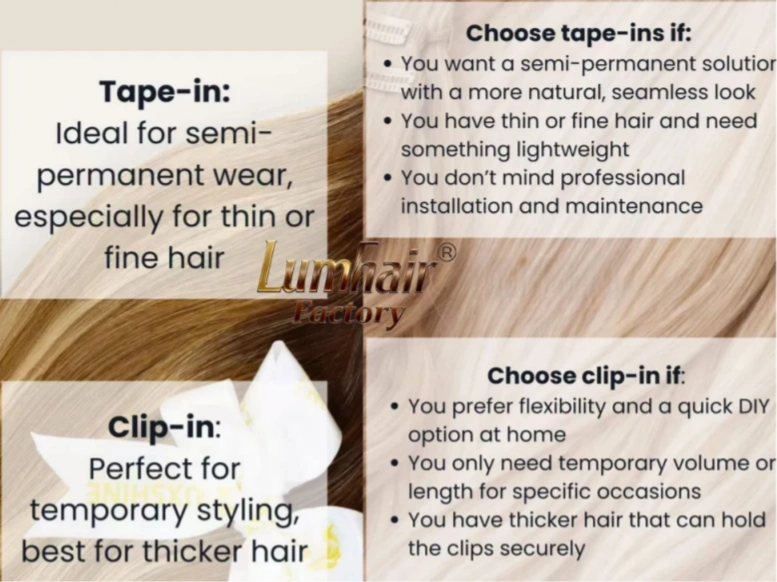 Tape in vs Clip in Hajhosszabbítás vs Kézzel kötött vetülék
